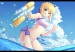  1girl :d ahoge bare_arms bare_legs bare_shoulders bikini blonde_hair blue_bow blue_sky bow breasts cleavage_cutout clouds day fate/grand_order fate/stay_night fate_(series) foreshortening green_eyes hair_bow highres holding lanzi_(415460661) letterboxed looking_at_viewer medium_breasts midriff navel ocean open_mouth outdoors outstretched_arm saber sky smile summer swimsuit water water_gun white_bikini 