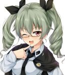  1girl anchovy bespectacled black_necktie black_ribbon capelet commentary_request drill_hair eyebrows eyebrows_visible_through_hair girls_und_panzer glasses hair_ribbon kuragari long_hair long_sleeves looking_at_viewer necktie one_eye_closed open_mouth red_eyes ribbon school_uniform simple_background solo twintails upper_body 