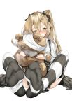  1girl bandages blush boko_(girls_und_panzer) brown_eyes brown_hair cation feet girls_und_panzer hairband long_hair long_sleeves looking_at_viewer pov_feet ribbon shimada_arisu side_ponytail simple_background solo striped striped_legwear stuffed_animal stuffed_toy teddy_bear white_background 