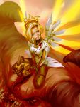  1girl baron_of_hell blonde_hair blood blood_on_face blue_eyes bodysuit chainsaw crazy_eyes crazy_grin crossover demon doom_(game) grin grobi-grafik horns looking_at_viewer mechanical_halo mechanical_wings mercy_(overwatch) overwatch planted_weapon sitting sitting_on_head sitting_on_person size_difference smile solo weapon wings 