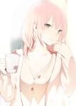  1girl :o beige_jacket blue_eyes blush buttons coffee_cup collarbone cup eyelashes head_tilt holding holding_cup jacket long_sleeves looking_at_viewer lp_(hamasa00) open_clothes open_jacket open_mouth original pink_hair short_hair solo tsurime upper_body 
