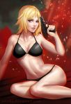  1girl artist_name aya_brea bikini black_bikini blonde_hair blue_eyes breasts cleavage deviantart_username gun handgun holding holding_gun holding_weapon large_breasts lips navel nose parasite_eve pistol short_hair sitting solo stomach swimsuit under_boob watermark weapon web_address ynorka_chiu 