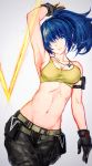  1girl belt black_gloves blue_eyes blue_hair breasts cleavage dog_tags gloves labombardier! leona_heidern midriff navel ponytail solo sports_bra the_king_of_fighters 