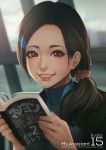  1girl artist_name bangs black_hair book eyebrows eyelashes grin hair_ornament hair_scrunchie holding holding_book lips looking_at_viewer low_ponytail magion02 nose open_book parted_bangs parted_lips scrunchie signature smile solo teeth turtleneck violet_eyes 