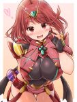 1girl breasts candy chocolate chocolate_heart earrings fingerless_gloves food gem gloves hair_ornament headpiece heart highres jewelry kurokaze_no_sora large_breasts leaning_forward looking_at_viewer pyra_(xenoblade) red_eyes redhead short_hair skindentation solo tiara xenoblade_chronicles_(series) xenoblade_chronicles_2 