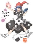  1girl blue_eyes blue_hair book character_name doremy_sweet dream_soul full_body hat inuno_rakugaki nightcap one_eye_closed open_mouth pom_pom_(clothes) short_hair solo tapir_tail touhou white_background 