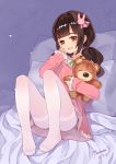  1girl 2016 absurdres brown_eyes brown_hair bunny_hair_ornament child dated dress hair_ornament highres long_hair low_twintails original pantyhose pillow signature sitting sleeves_past_wrists smile solo stuffed_animal stuffed_toy teddy_bear thighband_pantyhose tsubasa_tsubasa twintails white_legwear 