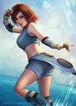  1girl artist_name bangs blue_shorts breasts brown_hair closed_mouth dated day deviantart_username elbow_gloves eyebrows eyelashes fingerless_gloves from_side gloves kazama_asuka large_breasts lips looking_at_viewer midriff nose ocean parted_bangs short_hair shorts smile solo splashing sports_bra standing tekken water watermark ynorka_chiu 