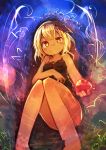  1girl absurdres apple bare_legs bare_shoulders blonde_hair food fruit hair_ribbon highres holding kaamin_(mariarose753) knees_together_feet_apart looking_at_viewer red_eyes ribbon rumia sitting smile solo touhou 