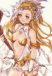  1girl absurdres armlet bare_shoulders blonde_hair blush breasts center_opening character_request cleavage dress feathers granblue_fantasy hair_ornament highres jewelry long_hair looking_at_viewer navel niko_(tama) petra_(granblue_fantasy) ponytail scepter sleeveless sleeveless_dress smile solo white_dress wristband yellow_eyes 