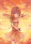  1girl backlighting breasts brown_hair clouds cloudy_sky collarbone cowboy_shot dress flower green_eyes hair_ribbon highres holding holding_flower long_hair nagidango ocean orange_(color) original ribbon sky small_breasts smile solo striped sundress sunflower sunset twintails vertical-striped_dress vertical_stripes yellow_dress yellow_ribbon 