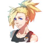  1girl 2016 artist_name bare_shoulders black_shirt blonde_hair blue_eyes blush collarbone dated emblem hair_ornament hair_tie high_ponytail logo looking_at_viewer mercy_(overwatch) nose_blush overwatch parted_lips shirt simple_background sleeveless sleeveless_shirt smile solo upper_body white_background 