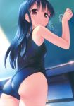  1girl :o absurdres ass bangs black_hair brown_eyes chalkboard eyebrows eyebrows_visible_through_hair from_behind highres holding long_hair looking_back one-piece_swimsuit open_mouth original scan school_swimsuit solo swimsuit takoyaki_(roast) writing 