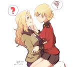  2016 2girls :p ? blonde_hair blue_eyes blush bomber_jacket breasts darjeeling dated embarrassed girls_und_panzer hand_on_another&#039;s_chin jacket kay_(girls_und_panzer) large_breasts long_hair multiple_girls raki_(kuroe) short_hair sitting sitting_on_lap sitting_on_person thought_bubble tongue tongue_out twitter_username uniform yuri 