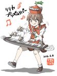  1girl afterimage brown_eyes brown_hair character_name eyebrows eyebrows_visible_through_hair full_body hat instrument inuno_rakugaki keyboard_(instrument) lyrica_prismriver music musical_note playing_instrument raised_eyebrow solo tongue tongue_out touhou white_background 
