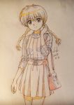  1girl 2015 absurdres artist_name bag braid casual closed_mouth eyebrows eyebrows_visible_through_hair fusuke208 hair_between_eyes handbag head_tilt high-waist_skirt highres kyoukai_no_rinne long_hair mamiya_sakura monochrome number sleeves_rolled_up smile solo sweater traditional_media twin_braids twitter_username 