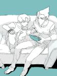  2boys brown_hair couch gakudou_(rom3boom) handheld_game_console kazuma_(scryed) multiple_boys nintendo_3ds playing_games scryed short_hair sitting straight_cougar 