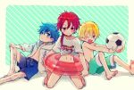  3boys alexander_(fate/grand_order) ball barefoot blonde_hair blue_eyes blue_hair blush braid caster_(fate/extra_ccc) child_gilgamesh fate/extra fate/extra_ccc fate/grand_order fate_(series) hood hoodie innertube katagiri_atsuko long_hair male_focus multiple_boys one_eye_closed red_eyes shirtless single_braid soccer_ball telstar 