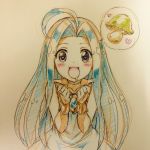  1girl :3 absurdres ahoge blue_eyes blue_hair clenched_hands collarbone fusuke208 granblue_fantasy heart heart-shaped_pupils highres long_hair lyria_(granblue_fantasy) mushroom open_mouth solo speech_bubble spoken_food symbol-shaped_pupils traditional_media very_long_hair 