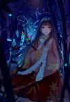 1girl absurdres bamboo bamboo_forest black_hair blurry bow branch brown_eyes depth_of_field forest highres hime_cut houraisan_kaguya japanese_clothes jeweled_branch_of_hourai long_hair long_skirt nature night qin_xin skirt solo touhou wide_sleeves