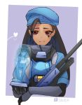  2girls ahoge ana_(overwatch) armor artist_name beret black_hair brown_eyes child dark_skin facial_mark facial_tattoo gun happy hat heart hentaki highres holding holding_gun holding_weapon hologram long_hair looking_at_another mother_and_daughter multiple_girls overwatch pharah_(overwatch) purple_background rifle side_braids signature smile sniper_rifle tattoo upper_body v_arms watermark weapon white_border younger 