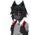  1girl alternate_hair_length alternate_hairstyle animal_ears artist_name bespectacled black-framed_eyewear black_hair black_sclera black_skin caleana claws dog_ears glasses hair_between_eyes hellhound highres looking_at_viewer monster_girl_encyclopedia paws red_eyes short_hair simple_background sketch solo sweater upper_body wavy_mouth white_background 