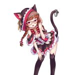  1girl animal_ears artist_request black_legwear braid brown_hair cat_ears cat_tail character_request copyright_request dress glasses long_hair open_mouth pink_eyes red-framed_eyewear simple_background skirt solo tail tail_hold thigh-highs twin_braids uchi_no_hime-sama_ga_ichiban_kawaii white_background 