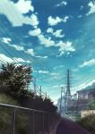  blue_sky clouds cloudy_sky fence highres house mitsu_ura no_humans path power_lines road scenery sky tree 