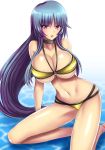  1girl arm_support bare_arms bare_legs bare_shoulders barefoot bikini blue_hair breasts choker cleavage collarbone highres large_breasts long_hair looking_at_viewer natsume_(pokemon) navel o-ring_bikini parted_lips pokemon pokemon_(game) pokemon_rgby red_eyes sidelocks solo stomach swimsuit takecha under_boob very_long_hair yellow_bikini 