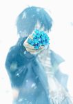  1boy akabane_tsubasa black_hair blue blurry cover depth_of_field flower jacket loundraw nowhere_man outstretched_arm short_hair snowing 