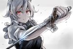  1girl braid closed_mouth foreshortening gloves holding holding_knife holding_weapon izayoi_sakuya jan_(lightdragoon) knife looking_at_viewer maid maid_headdress puffy_short_sleeves puffy_sleeves red_eyes short_hair short_sleeves silver_hair solo touhou twin_braids weapon white_gloves wrist_cuffs 
