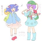 2girls :d backpack bag blue_boots blue_hair blush boots buttons closed_mouth collared_shirt cosplay eyeball frilled_legwear frilled_shirt_collar frilled_skirt frilled_sleeves frills hair_bobbles hair_ornament hairband hands_up hat heart heart_of_string kawashiro_nitori kawashiro_nitori_(cosplay) key knee_boots komeiji_satori komeiji_satori_(cosplay) long_sleeves multiple_girls musical_note open_mouth pentagon pink_skirt pocket purple_hair quaver red_eyes rubber_boots shirt simple_background skirt skirt_set slippers smile string sweatdrop third_eye touhou two_side_up white_background white_legwear wide_sleeves 