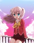  1girl blue_eyes charlotte_(anime) clouds highres long_hair ongyageum open_mouth railing school_uniform serafuku silver_hair sitting tomori_nao twintails two_side_up 