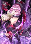  1girl bare_shoulders black_legwear book dress fate/grand_order fate_(series) flat_chest hat helena_blavatsky_(fate/grand_order) looking_at_viewer open_mouth purple_hair short_hair strapless thigh-highs violet_eyes xephonia 
