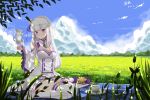  1girl 2016 breasts cat cleavage cup dated detached_sleeves dress emilia_(re:zero) flower grass hair_flower hair_ornament hair_ribbon kneeling long_hair medium_breasts outdoors pack_(re:zero) pleated_dress purple_ribbon re:zero_kara_hajimeru_isekai_seikatsu ribbon signature silver_hair sky solo tea teacup thigh-highs violet_eyes white_dress white_flower white_legwear 