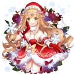 artist_request bell blonde_hair breasts character_request cleavage copyright_request crown detached_sleeves dress flower gloves green_eyes hand_on_own_cheek hat long_hair looking_at_viewer mistletoe outstretched_arm red_gloves round_teeth santa_costume santa_hat simple_background snowflakes teeth transparent_background uchi_no_hime-sama_ga_ichiban_kawaii very_long_hair 
