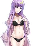  1girl :/ bangs bikini black_bikini blunt_bangs breasts cleavage closed_mouth collarbone commentary_request cowboy_shot crescent crescent_hair_ornament groin hair_ornament halter_top halterneck highres large_breasts long_hair long_sleeves looking_at_viewer navel no_hat no_headwear pajamas patchouli_knowledge purple_hair sidelocks solo stomach swimsuit thigh_gap touhou undressing violet_eyes white_background wide_sleeves y2 
