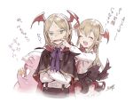  1boy 1girl blonde_hair blue_eyes brother_and_sister dragon fangs food frilled_skirt frills fruit granblue_fantasy head_wings long_hair malinda mayoko_(sisqo_5003) mouth_pull open_mouth pointy_ears red_eyes shingeki_no_bahamut short_hair siblings skirt vampire vampy veight 