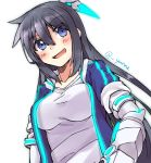  1girl adyisu area_aquamarine black_hair blue_eyes blush breasts cyborg long_hair looking_at_viewer mechanical_arm open_mouth original prosthesis prosthetic_arm smile solo 