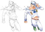  1boy abs anchor_symbol birthmark black_hair bubble chaashuu collarbone dixie_cup_hat full_body green_eyes hat higashikata_jousuke_(jojolion) joestar_birthmark jojo_no_kimyou_na_bouken jojolion lineart male_focus military_hat navel sailor shoes sneakers solo tooth_gap 