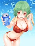  1girl :d adapted_costume asu_tora bare_arms bare_legs bare_shoulders bikini blush breasts bubble cleavage collarbone commentary_request cowboy_shot eyebrows eyebrows_visible_through_hair front-tie_top gradient gradient_background green_hair hair_between_eyes highres kazami_yuuka large_breasts leaning_forward looking_at_viewer midriff navel open_mouth plaid plaid_bikini pocari_sweat reaching_out red_bikini red_eyes short_hair side-tie_bikini smile soda solo swimsuit teeth thighs touhou towel towel_around_neck wavy_hair 