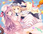  2girls ajiriko biscuit blonde_hair blush bow candy doughnut food hands_clasped hands_together hat hat_bow kirisame_marisa long_hair mob_cap multiple_girls patchouli_knowledge purple_hair star touhou violet_eyes witch_hat yellow_eyes 