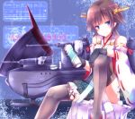  1girl bare_shoulders black_gloves black_legwear blue_eyes bottle brown_hair gloves hiei_(kantai_collection) kantai_collection looking_at_viewer machinery nanoha-h nontraditional_miko short_hair skirt smile solo thigh-highs wide_sleeves 