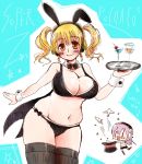  2girls :d animal_ears blonde_hair blush bow bowtie breasts chibi cleavage cocktail_glass cup detached_collar drinking_glass headphones highres large_breasts long_hair looking_at_viewer midriff multiple_girls navel nitroplus open_mouth orange_eyes pink_hair plump rabbit_ears short_hair smile super_pochaco super_sonico thigh-highs tray twintails wrist_cuffs yaya_(yayaya) |_| 
