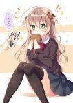  !! +_+ /\/\/\ 1girl acorn_hair_ornament ahoge black_legwear blue_skirt blush bow bowtie brand_name_imitation breasts brown_hair cardigan chocolate_syrup coffee collared_shirt drinking_straw eating eyebrows eyebrows_visible_through_hair food green_eyes hair_between_eyes hair_flaps hair_ornament holding holding_food huge_ahoge knees_together_feet_apart leaf_hair_ornament long_hair medium_breasts motion_lines original plastic_cup pleated_skirt red_bow red_bowtie sakura_yuzuna school_uniform shirt sitting skirt sleeves_past_wrists solo_focus sparkle speech_bubble star starbucks translation_request whipped_cream white_shirt wing_collar 