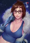  1girl artist_name bangs black-framed_eyewear blue_gloves breasts breasts_apart brown_eyes brown_hair collarbone crop_top dated deviantart_username fur_trim glasses gloves hair_ornament hair_stick large_breasts lips looking_at_viewer mei_(overwatch) midriff navel nose overwatch parted_lips short_hair smile solo swept_bangs tank_top watermark web_address ynorka_chiu 