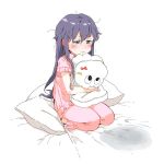  1girl akatsuki_(kantai_collection) bedwetting bow character_doll commentary_request doll_hug gomennasai grey_eyes kantai_collection kneeling long_hair messy_hair miss_cloud on_bed pajamas pillow pink_pajamas sidelocks sketch solo stuffed_toy tears trembling white_background 