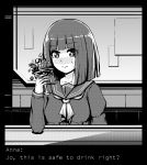  anna_graem bangs blunt_bangs blush cup drink drinking_glass english eyebrows eyebrows_visible_through_hair greyscale hexunart highres looking_at_viewer monochrome neckerchief sweat tagme text va-11_hall-a wine_glass 