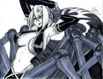  1girl alex_ahad arachne breasts carapace claws detached_sleeves extra_eyes insect_girl large_breasts long_hair monochrome monster_girl monster_musume_no_iru_nichijou multiple_legs navel rachnera_arachnera solo spider_girl 