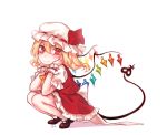  1girl blonde_hair closed_mouth flandre_scarlet hat laevatein_(tail) looking_at_viewer mob_cap red_eyes red_skirt simple_background skirt smile solo squatting tail tis_(shan0x0shan) touhou white_background wrist_cuffs 